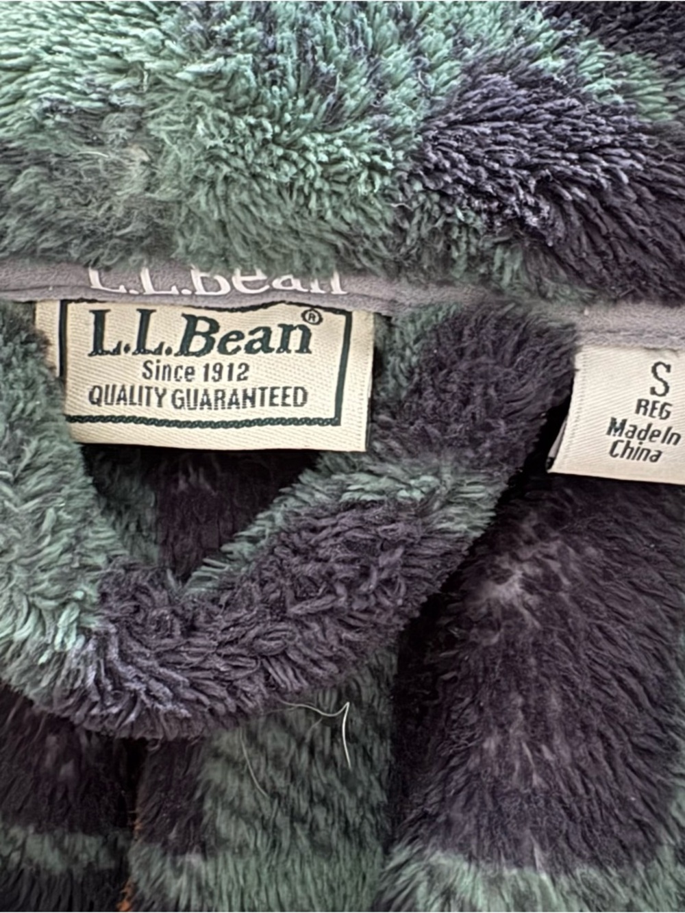 LL Bean Mens S Fleece Robe Green Plaid Shawl Collar Belted Plush Bathrobe Pocket - Picture 10 of 14